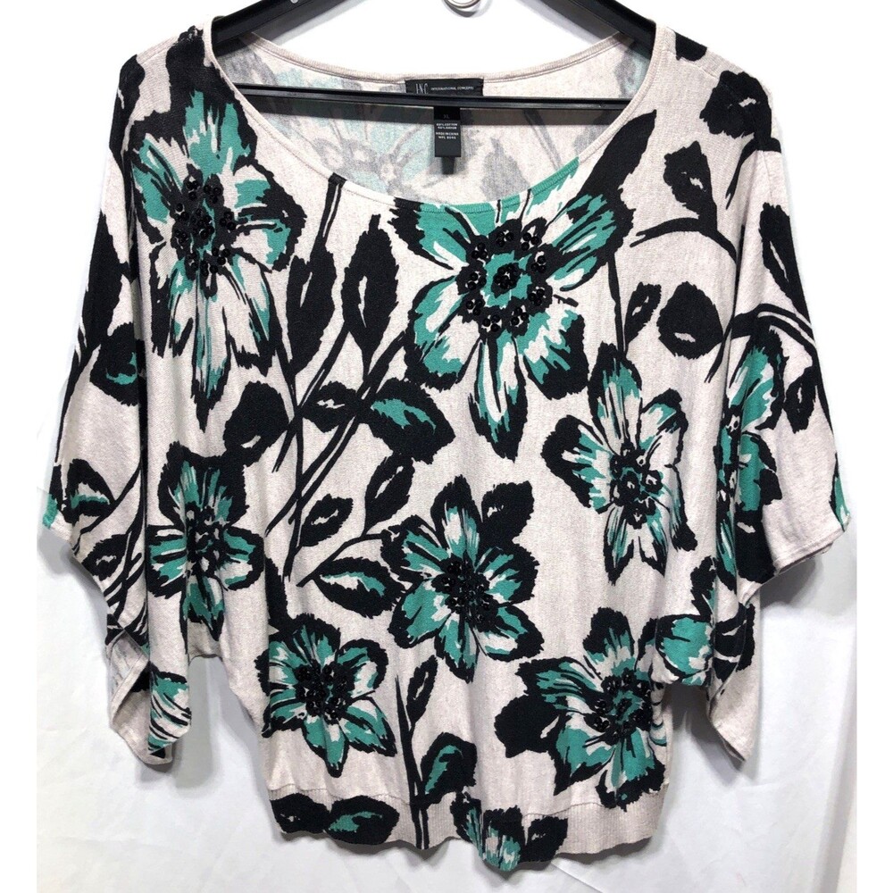 INC kimono knit sweater XL gray black aqua floral sequins scoop neck